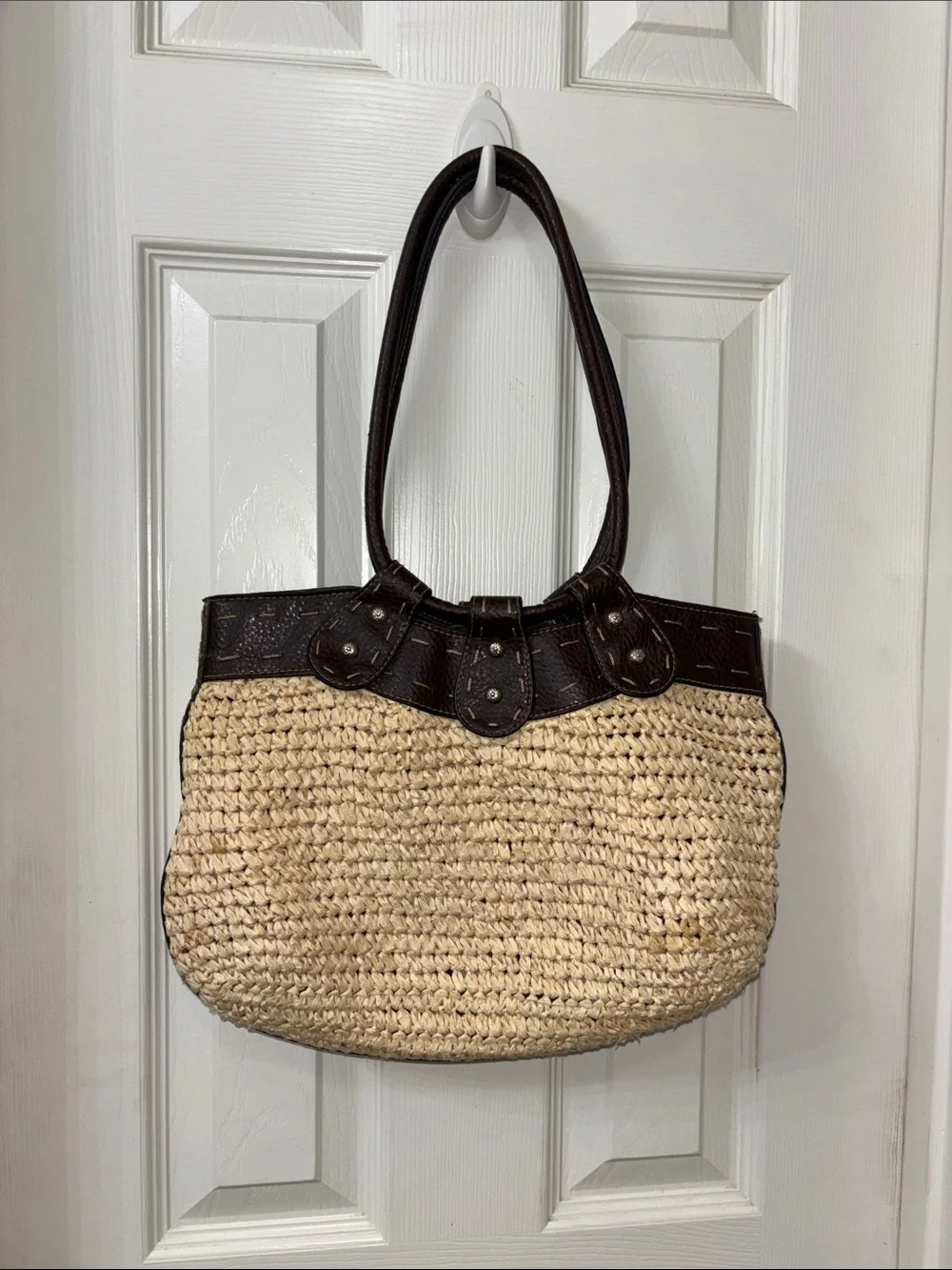 Woven Straw Tote with Dark Brown Trim